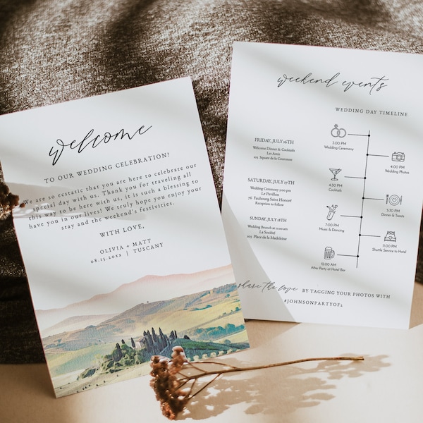 Toskana Hochzeit Willkommen Brief Vorlage, Toskana Skyline Hochzeit Timeline druckbare, Ziel Hochzeit Zeitplan Reihenfolge der Ereignisse Italien DIY