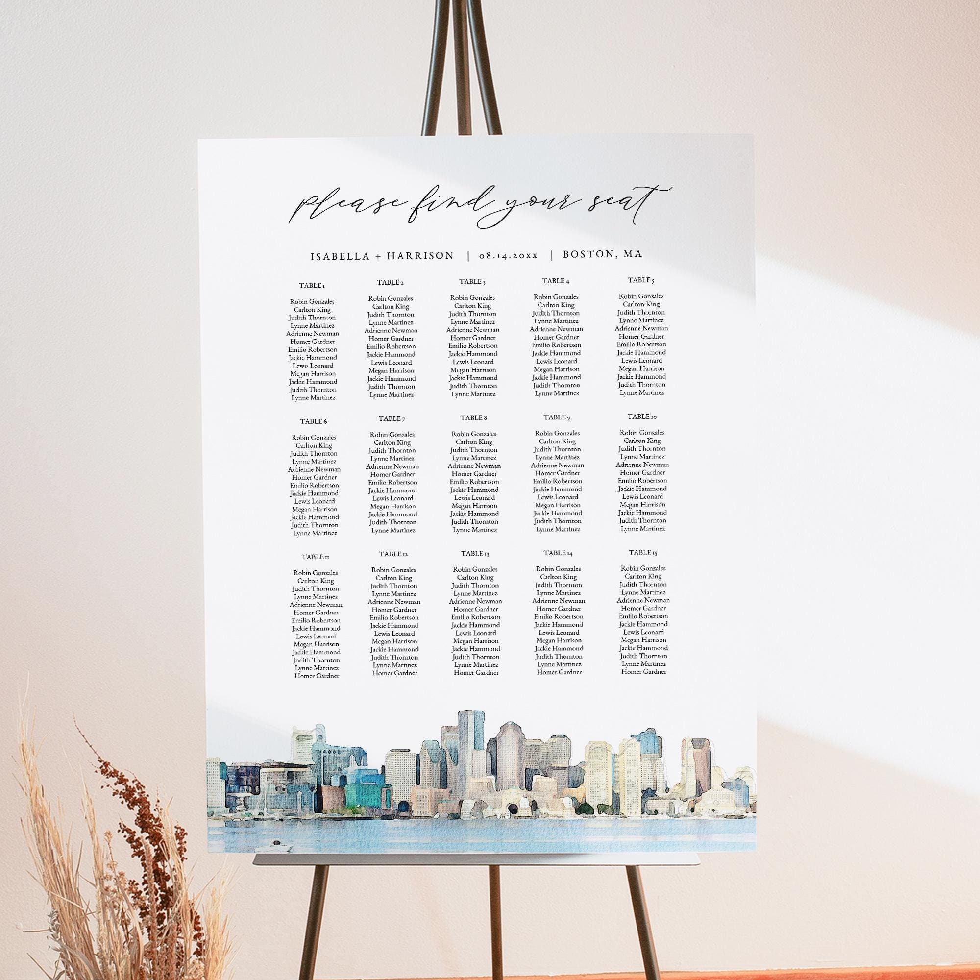 BOSTON Skyline Wedding Seating Chart Template, Boston Massachusetts Wedding Signage, Destination Wedding Seating Poster, Table Seating Chart