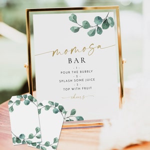 SABINE PRINTED + SHIPPED Momosa Bar Sign + 24 Blank Tags, Boho Greenery Baby Shower Mimosa Table Sign, Bohemian Gender Neutral Baby Shower