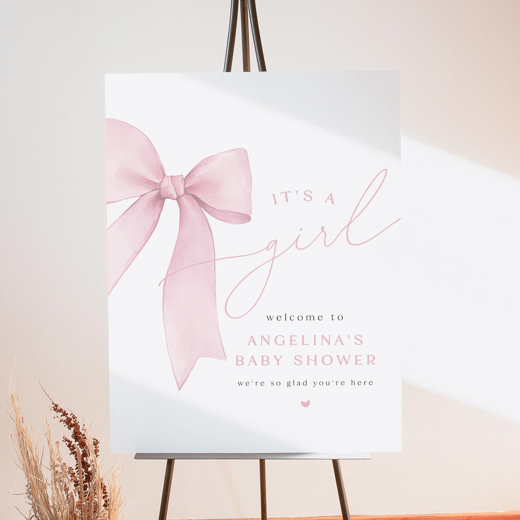 ANGELINA PRINTED + SHIPPED Pink Bow Baby Shower Welcome Sign, Blush ...