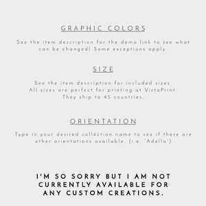 Puede incluir: Un gr&aacute;fico con el texto "What can't be changed?" y listas de cosas que no se pueden cambiar en un producto, como los colores gr&aacute;ficos, el tama&ntilde;o y la orientaci&oacute;n. El gr&aacute;fico tambi&eacute;n incluye el texto "I'm so sorry but I am not currently available for any custom creations."
