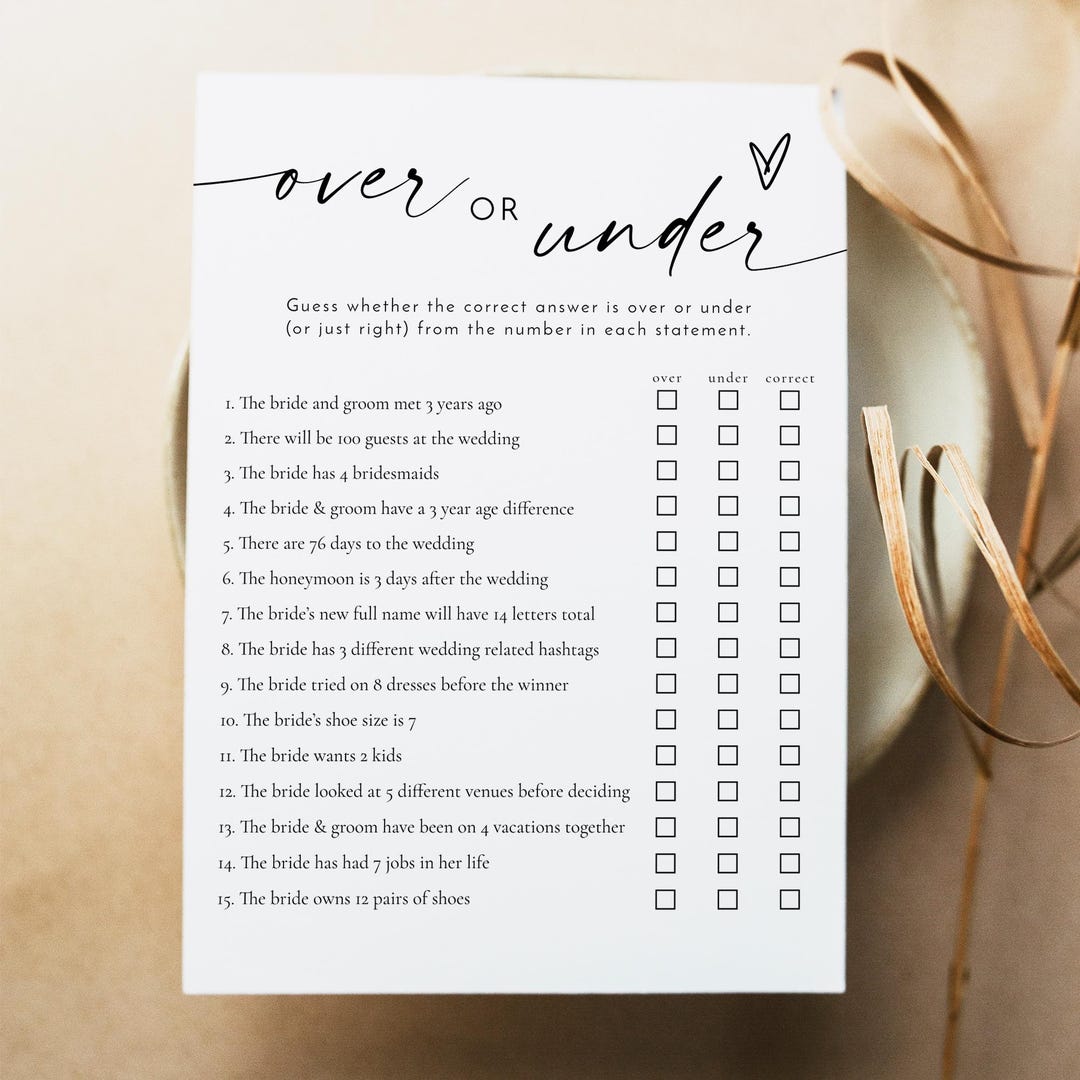 BLAIR Over or Under Bridal Shower Game Template, Printable Bridal ...