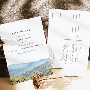 Modèle « Save the Date » du parc national SHENANDOAH, « Save the Date » instantanée de carte postale, « Save the Date » aquarelle de montagnes, mariage « Save the Date » Virginie