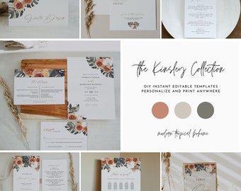 Paquete de bodas de terracota KINSLEY, conjunto de invitaciones de boda de color naranja quemado, invitaciones de boda boho, invitación de boda de otoño, boho tropical