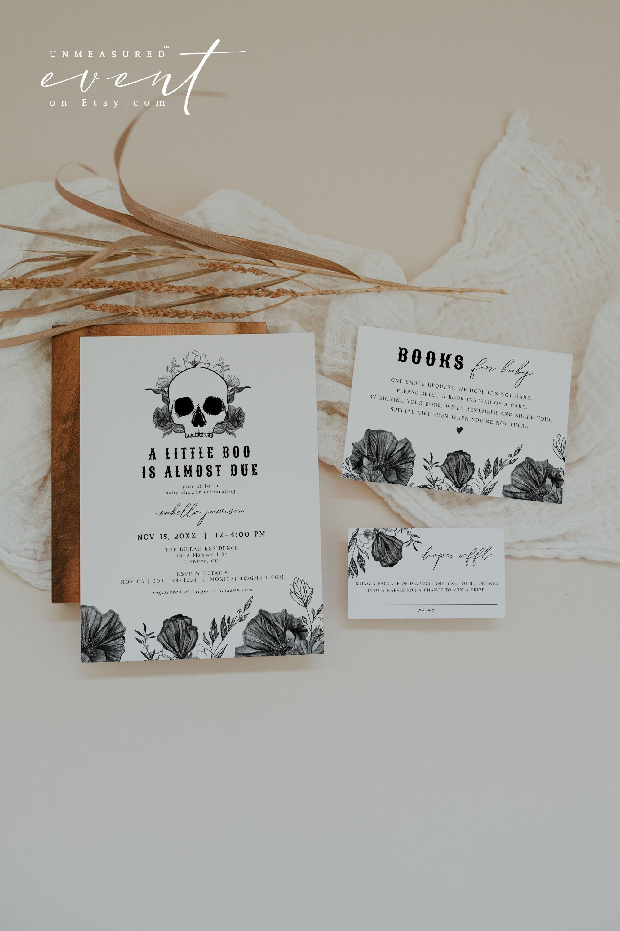 NOVA Halloween Baby Shower Invitation Suite Gothic Baby Shower Invitation Set Skull Baby Shower Vintage Black Floral A Little