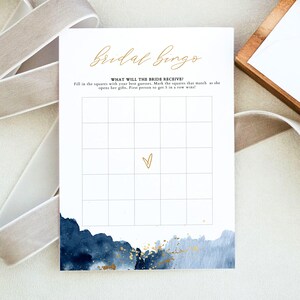 Gra STELLA Bingo Bridal Shower, Szablon gry Blue Bridal Shower, Gra Navy and Gold Bridal Shower, Gra Blue Watercolor Bridal Shower
