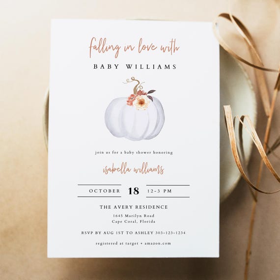 AMBER Baby Shower Invitation, Pumpkin Baby Shower, Falling In Love Baby Shower, Harvest Baby Shower Evite, Autumn Floral White Pumpkin