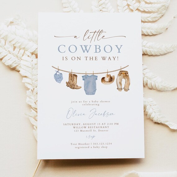 Cowboy Baby Shower Invitation Template, A little Cowboy Is On The Way Invite, Cowboy Clothesline Baby Shower, Dusty Blue Wild Western CLINT