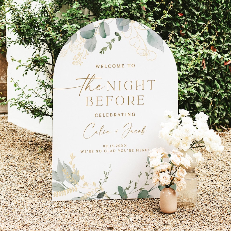 Elegant greenery and gold the night before wedding rehearsal dinner welcome sign printed and shipped arched signage