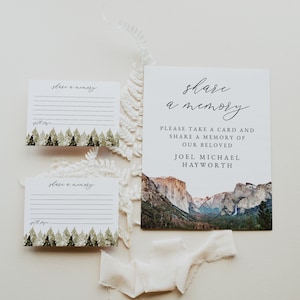 Plantilla de tarjeta de memoria de YOSEMITE, servicio conmemorativo, compartir una tarjeta de memoria, inserción de invitación a un funeral, tarjeta de memoria conmemorativa de parque nacional en la montaña