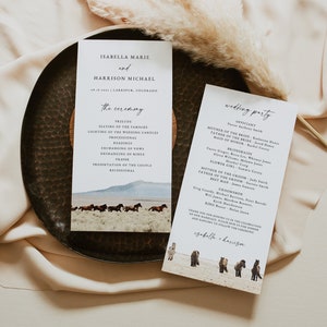 May include: Wedding ceremony program with a rustic theme. The program features a photo of a herd of horses running across a field. The text includes the names of the bride and groom, Isabella Marie and Harrison Michael, and the wedding party.