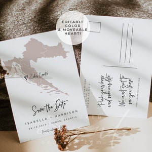 Modelo de reserva de data da Croácia QUINN, cartão postal Blush Croácia para reserva de data, casamento em destino na Croácia em ouro rosa, faça você mesmo instantâneo