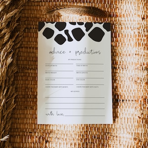 Consejos y predicciones para bebés de BRYNDLE, plantilla de juego para baby shower con estampado de vaca, baby shower de granja sencillo y limpio con un toque neutro en cuanto al género, baby shower de granero