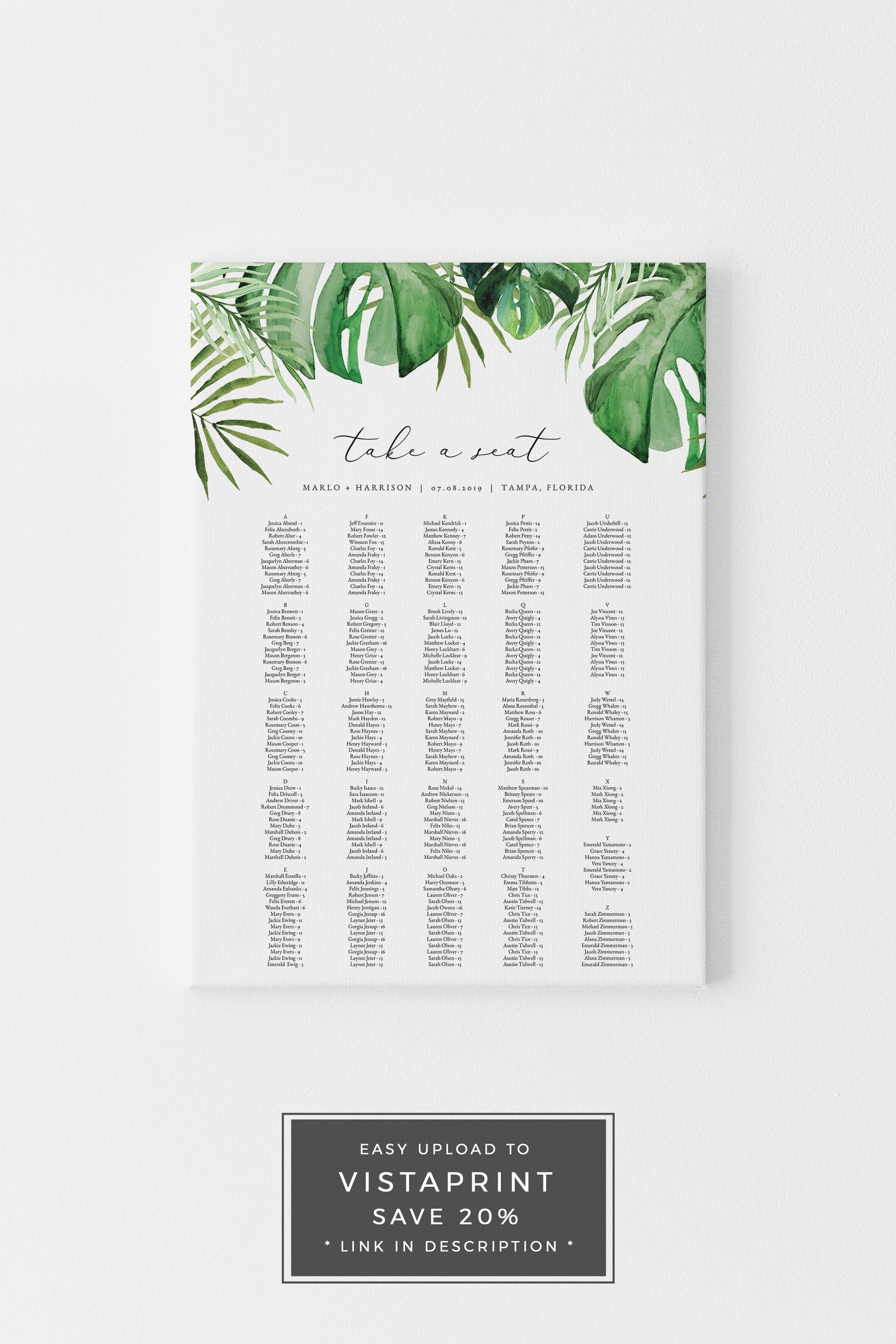 Tropical Wedding Seating Chart Template, Alphabetical Seating Chart Sign, Watercolor Palm Leaf Seating Poster, Island Beach Wedding CORA