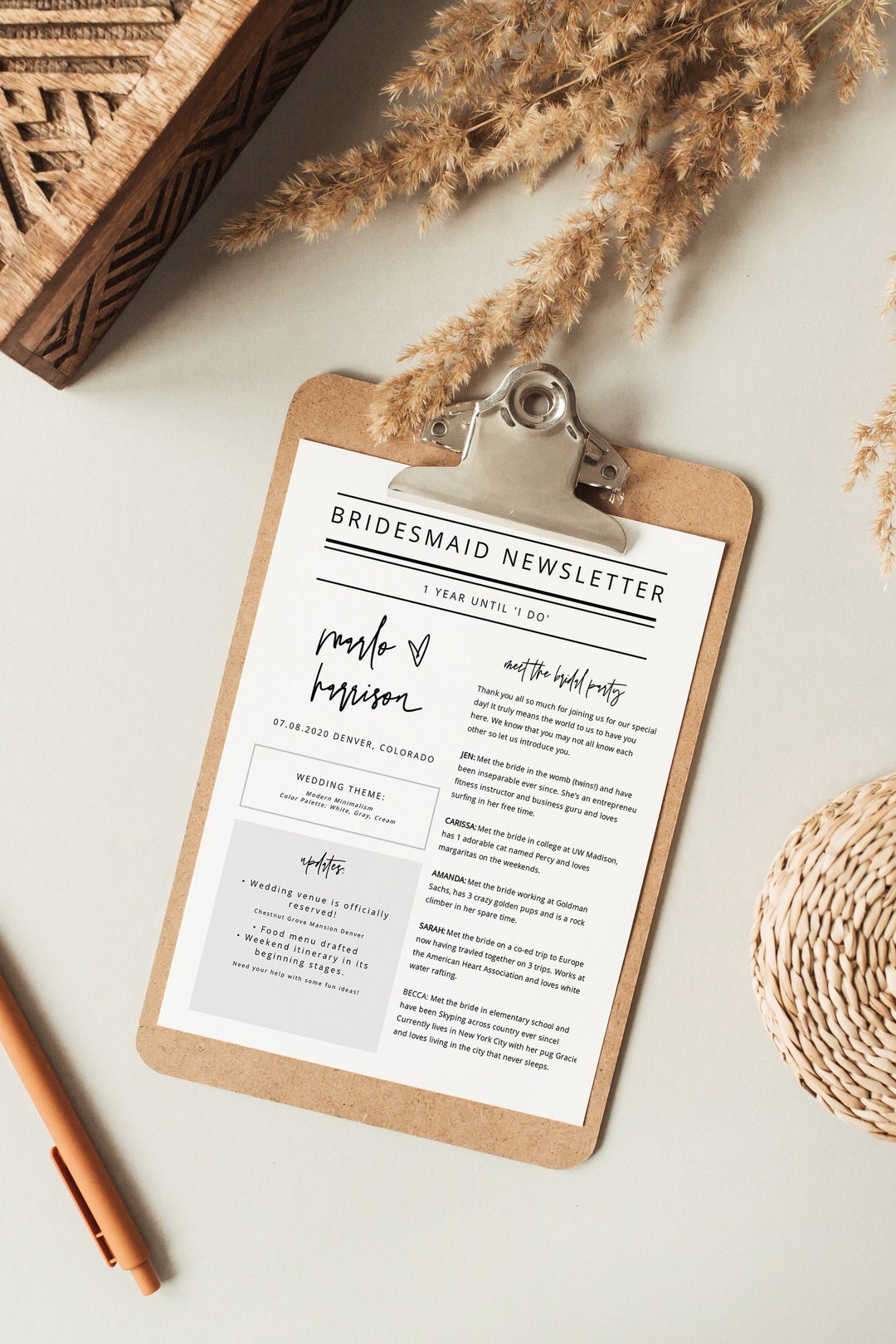 Modern Bridesmaid Newsletter Template, Newlywed Newsletter Printable