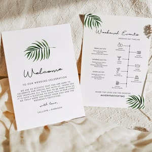 CATE Palm Leaf Wedding Events Card Template, Wedding Welcome Bag Note, Wedding Events Timeline Printable, Tropical Beach Wedding Schedule
