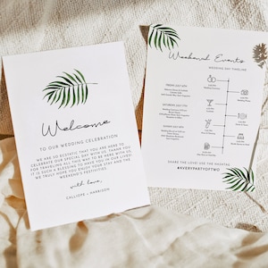 Modèle de carte de mariage feuille de palmier CATE, note de sac de bienvenue mariage, calendrier des événements mariage imprimable, programme de mariage de plage tropicale
