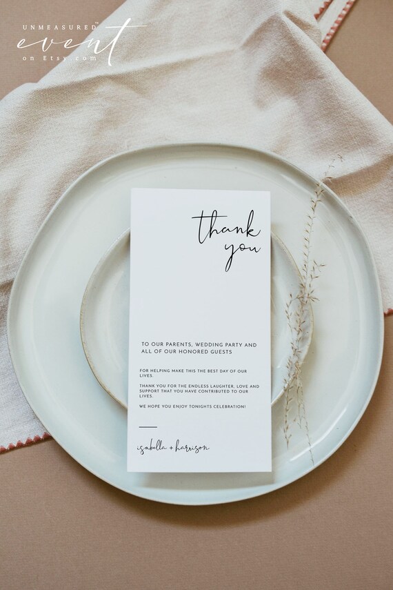 Adella Minimalist Wedding Table Thank You Card Template Etsy