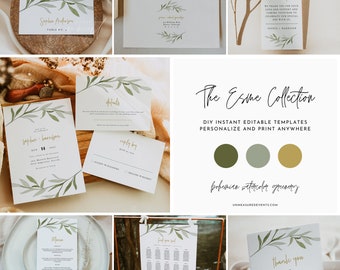 ESME Greenery Wedding Invitation Template Bundle, Bohemian Mega Wedding Bundle Printable, Boho Wedding Invitation Kit, Garden Wedding DIY