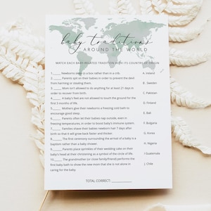 CARMEN PRINTED + SHIPPED World Traditions Baby Shower Game, Adventure Awaits Baby Shower Games, Travel Themed Map, Sage Green Map Game Cards
