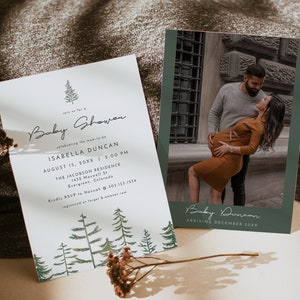 May include: A white baby shower invitation with green watercolor trees and the text "join us for a Baby Shower celebrating the mom-to-be Isabella Duncan August 15, 20XX 2:00 PM The Jacobson Residence 1432 Maxwell St Evergreen, Colorado Kindly RSVP to Hannah @ 303.123.1234 registered at target & amazon.com". A second card with a photo of a pregnant woman and a man in front of a building has the text "Baby Duncan Arriving December 20XX".