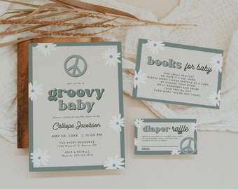 STEVIE Retro Baby Shower Invitation Template Set, Daisy Baby Shower Suite, Boy 70's Baby Shower Invite, Sage Green Groovy Baby Invite Peace
