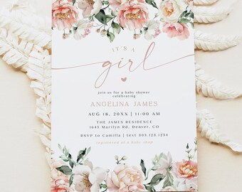 ISLA It's a Girl Baby Shower Invitation Template, Pink Floral Baby Shower Invitation Printable, Blush Girl Baby Shower, Dusty Pink Flowers
