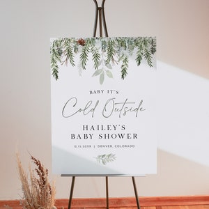 JOY Baby Shower Welcome Sign Template Rustic Winter Greenery Gender Neutral Baby It's Cold Outside Welcome Poster Printable
