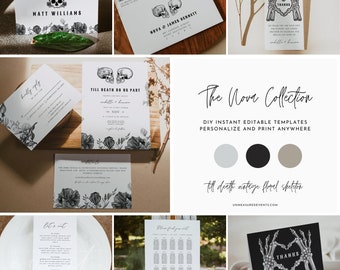 NOVA Skull Wedding Invitation Bundle, Skeleton Wedding Mega Bundle, Gothic Halloween Wedding Invites Instant Download Signs Printable DIY