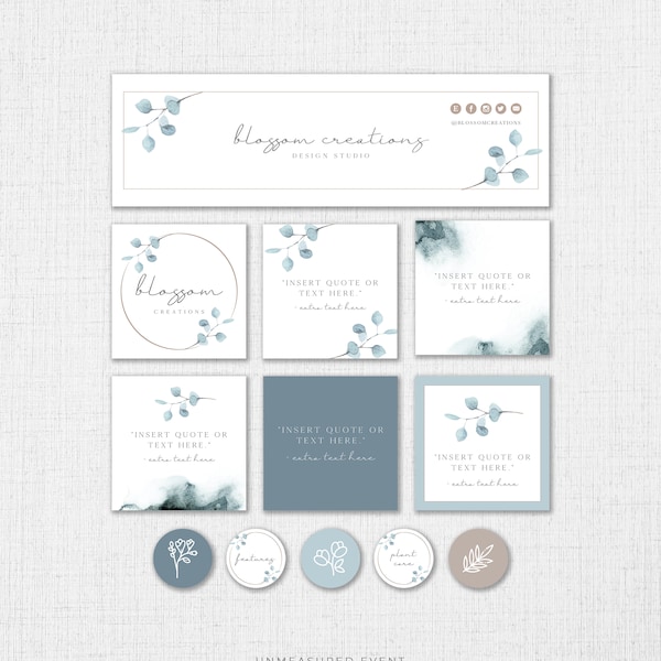 Plantillas de redes sociales ARYA, íconos de redes sociales, planificador de publicaciones de eucalipto para redes sociales, kit de Instagram con vegetación, banner de Facebook bohemio instantáneo