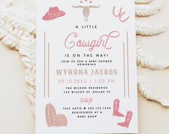 WYNONA Rodeo Babypartyeinladungsschablone, ein kleines Cowgirl ist auf dem Weg, Cowgirl-Babypartyeinladung, rosa westliche Babyparty Evite