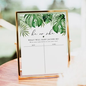 He or She What Will Baby Be Sign, Tropical Gender Guess Board, Gender Neutral Baby Shower, Beach Palm Leaf Baby Shower CORA