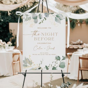 Elegant greenery and gold the night before wedding rehearsal dinner welcome sign printed and shipped