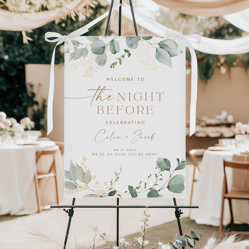 Elegant greenery and gold the night before wedding rehearsal dinner welcome sign printed and shipped