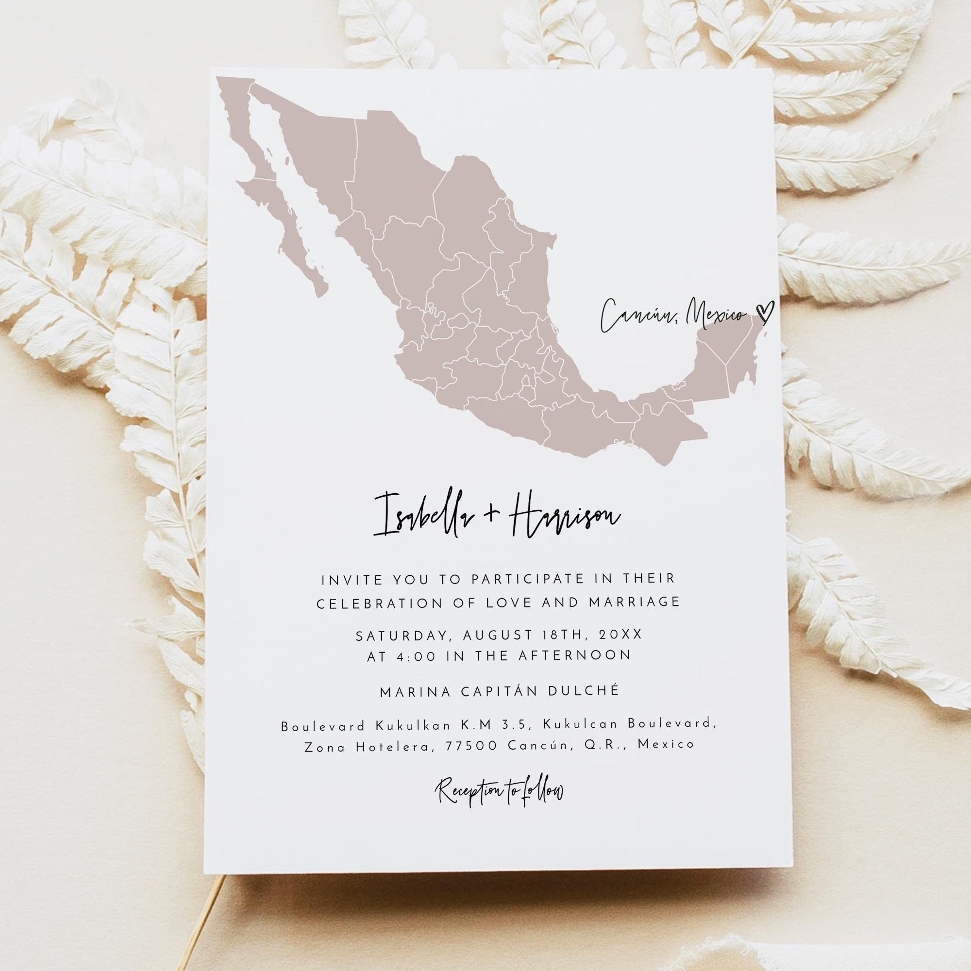 メキシコの結婚式招待状テンプレート、編集可能なメキシコ地図付き結婚式招待状（写真付き）、カンクン旅行先結婚式旅行テーマのトロピカル QUINN -  Etsy 日本, image size:2000x2000
