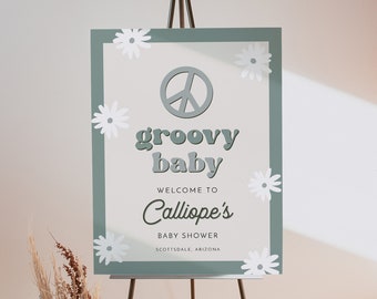 STEVIE Groovy Baby Shower Welcome Sign Template, Retro Daisy Baby Shower Welcome Sign Printable, 70s Themed Peace Sign Sage Green Boy Baby