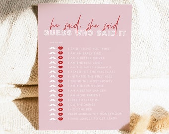 HENLEY He Said She Said Bridal Shower Game, Guess Who Said It Bridal Shower Game Cards, Modern Pink and Red Bridal Shower Printables DIY