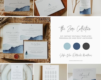 ZURI Wedding Invitation Template Bundle, Mountain Wedding Invitation Kit, Slate Blue Winter Forest Wedding Invitation Set, DIY Editable
