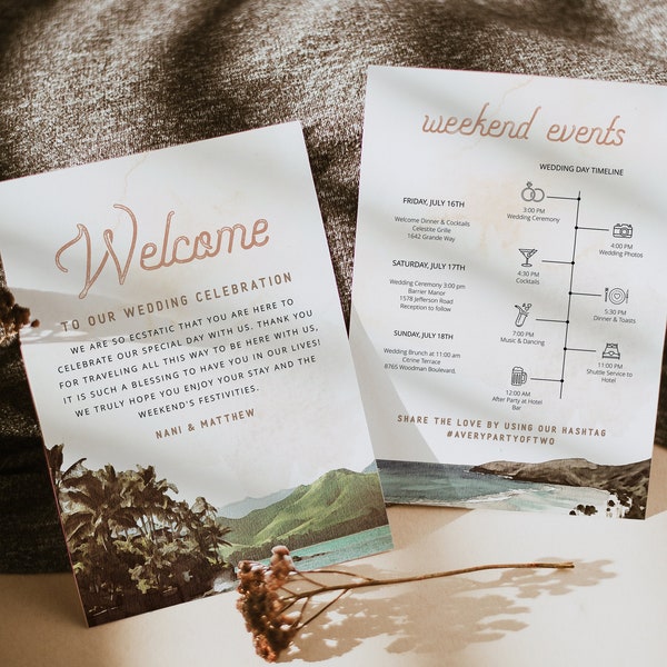 NANI Wedding Welcome Letter Template, Vintage Hawaii Wedding Timeline Printable, Destination Wedding Schedule of Events, Tropical Beach DIY