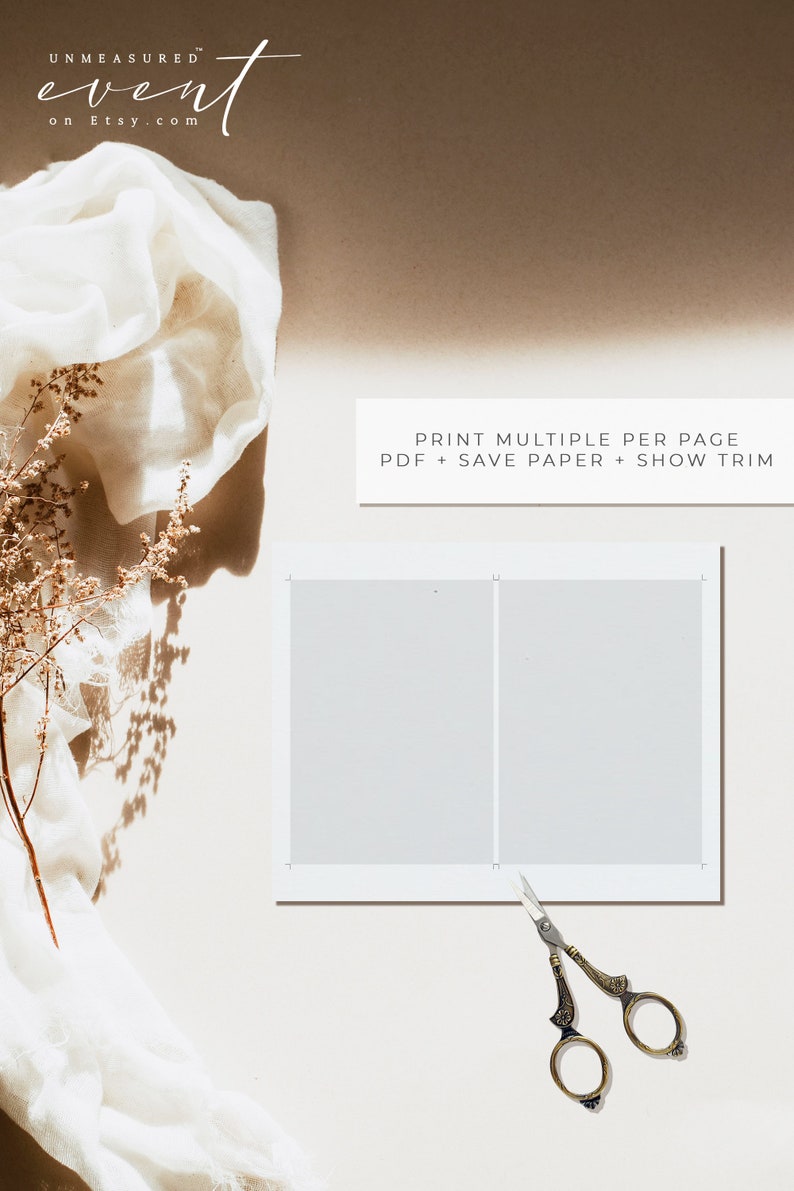 May include: A white sheet of paper with two blank rectangles printed on it. The paper is on a white surface with a pair of gold scissors. The text "PRINT MULTIPLE PER PAGE PDF + SAVE PAPER + SHOW TRIM" is printed on a white rectangle at the top of the image.