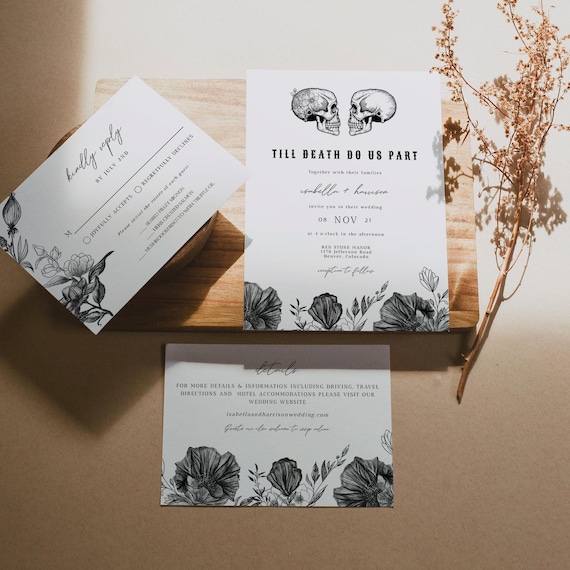 Til Death Wedding Invitation Suite Templates, Skeleton Wedding Invitation Set Printable, Gothic Wedding Invite, Vintage Wedding Evite - NOVA