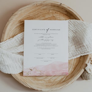 Plantilla de certificado de matrimonio en color rubor de JULIEN, certificado de matrimonio en acuarela rosa imprimible, certificado de matrimonio de recuerdo, descarga instantánea