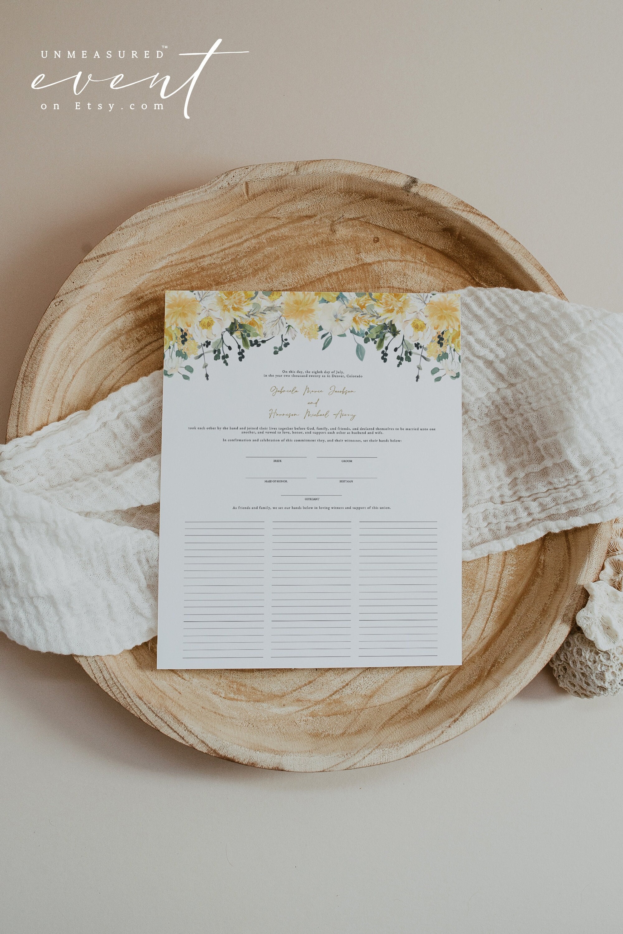 Yellow Watercolor Floral Wedding Marriage Certificate Guest Book Alternative Template EVA
