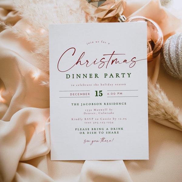 BLAIR Modern Minimalist Red and Green Christmas Dinner Party Invitation Template
