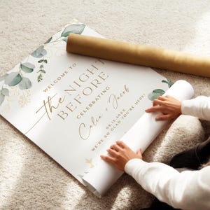Elegant greenery and gold the night before wedding rehearsal dinner welcome sign printed and shipped
