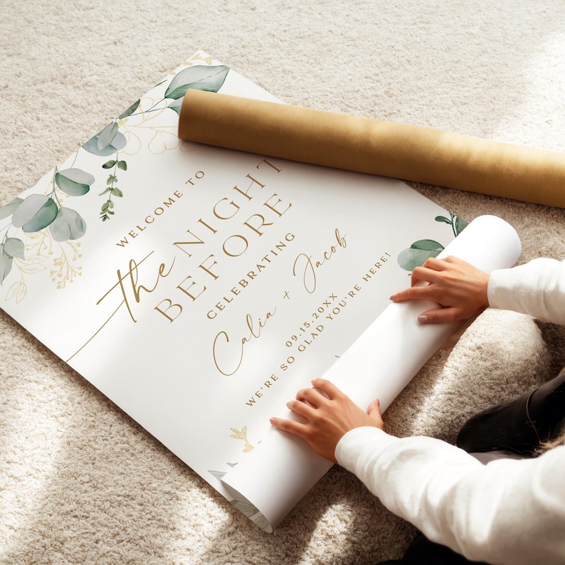 Elegant greenery and gold the night before wedding rehearsal dinner welcome sign printed and shipped
