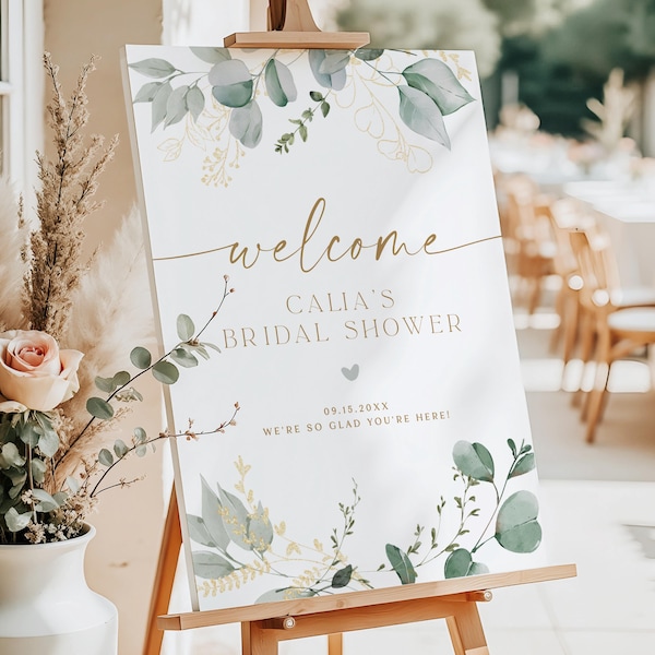 PRINTED + SHIPPED Greenery Bridal Shower Welcome Sign, Greenery and Gold Bridal Shower Welcome, Elegant Garden Bridal Shower Brunch CALIA