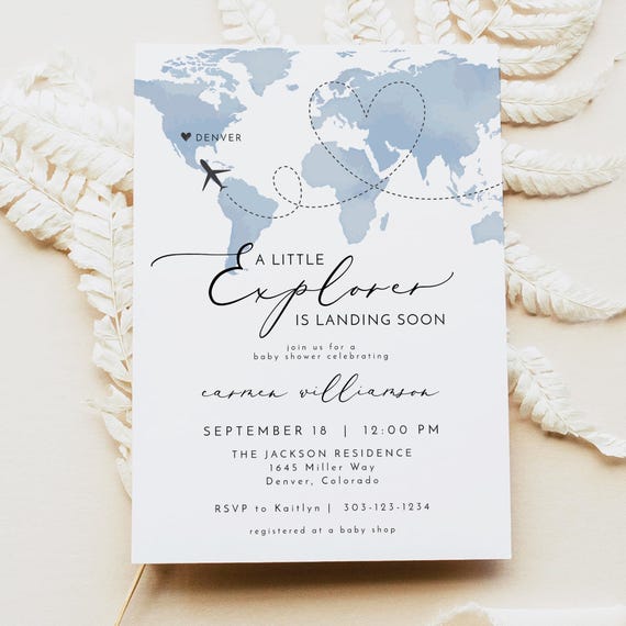 CARMEN Adventure Baby Shower Invitation Template, Little Explorer Landing Soon, Blue Map Baby Shower Invite, Girl Baby Shower Travel Theme
