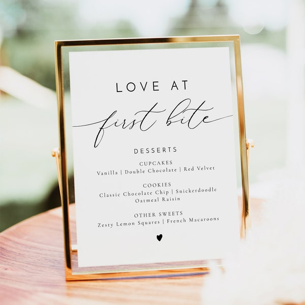 Minimalist Dessert Table Sign Template, Elegant Love at First Bite Sign, Cupcake Flavors Sign Printable, Sweets Table Sign VALENTINA