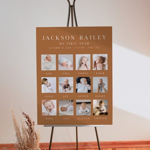 Póster fotográfico del primer año del bebé en terracota de MIA, plantilla moderna para cartel fotográfico del primer cumpleaños, pancarta fotográfica del primer cumpleaños en color naranja quemado, cartel de otoño